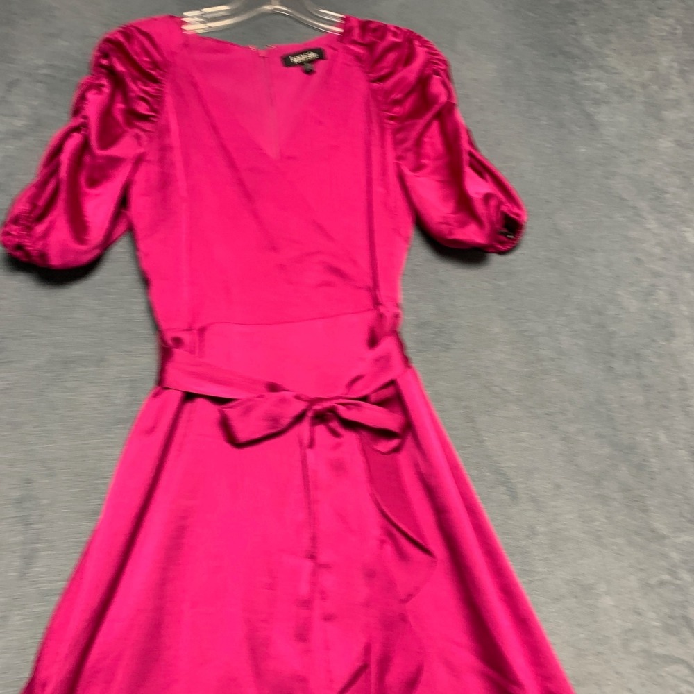 Kensie Faux Wrap Dress Womens 6 Hot Pink Ruched Sleeves Ruffled Hem Tie waist - Picture 4 of 14